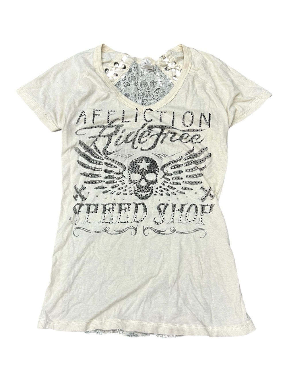 Affliction Y2K Ride Free Speed Shop Rhinestone Skull Lace Corset Top Size Small